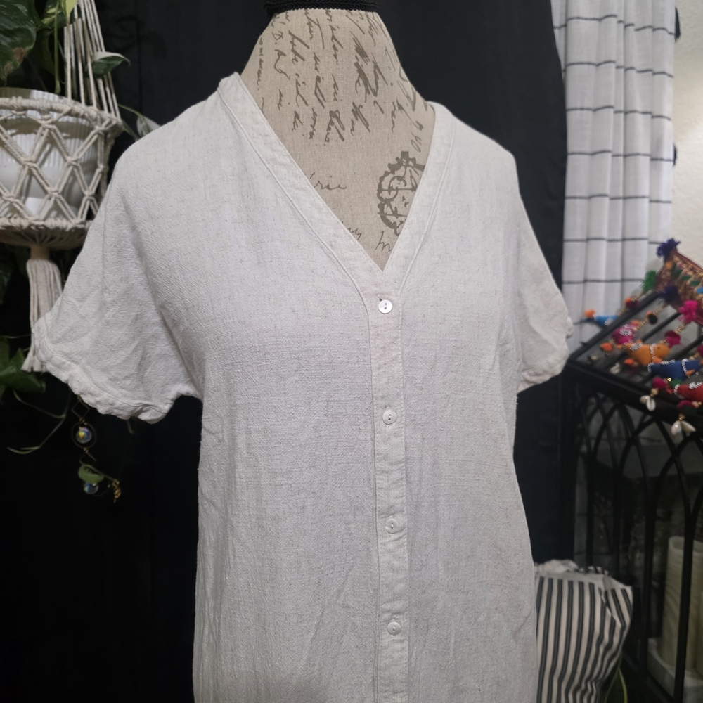 First Love Oatmeal Linen Cotton 90's Midi Dress With Side Slit